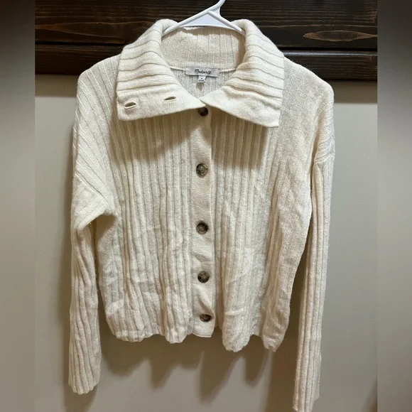 Madewell Cream Ribbed Button-Up Wool Blend Cardigan Sweater Size M - Picture 10 of 12